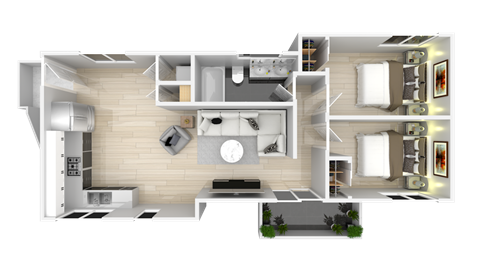 a rendering of a 3d floor plan of a house at The Gates at The Marina Apartments, Marina, CA